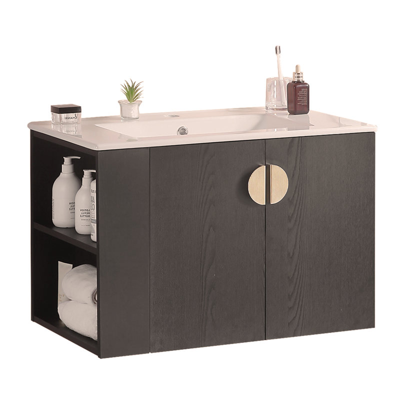 30" Bathroom Vanity with Sink,with two Doors Cabinet  Bathroom Vanity Set with Side left Open Storage Shelf,Solid Wood,Excluding faucets,Black