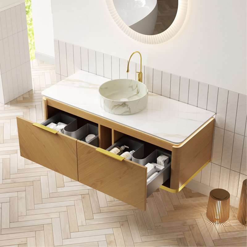 Meuble-lavabo 48 po, meuble de rangement flottant en contreplaqué avec 2 tiroirs, capteur de lumière, vasque en céramique blanche à motif de pierre et plateau en pierre frittée, chêne Corolla pré-assemblé