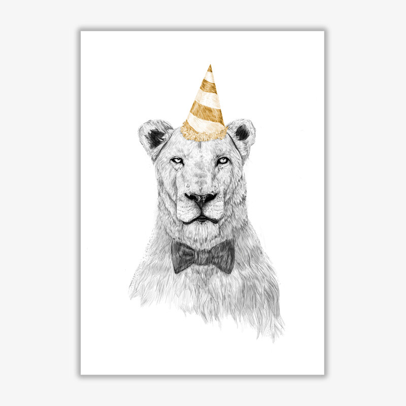 Get The Party Started Lion by Mercedes Lopes Charro - Wrapped Canvas Print, 29.7 cm H x 21 cm W x 1 cm D, Orange/Grey