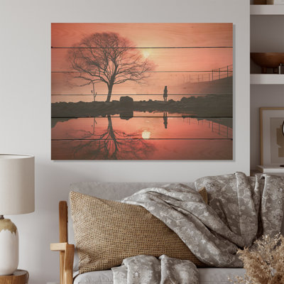 Silent Raspberry Tree Reverie Landscape - Tree Wood Wall Art On Natural Pine Wood