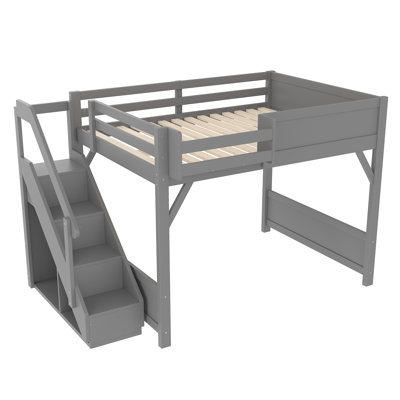 Full Solid Wood Loft Bed with Built-in Wardrobe, Storage Shelves, Full-Length Guardrails & Stairs, Gray