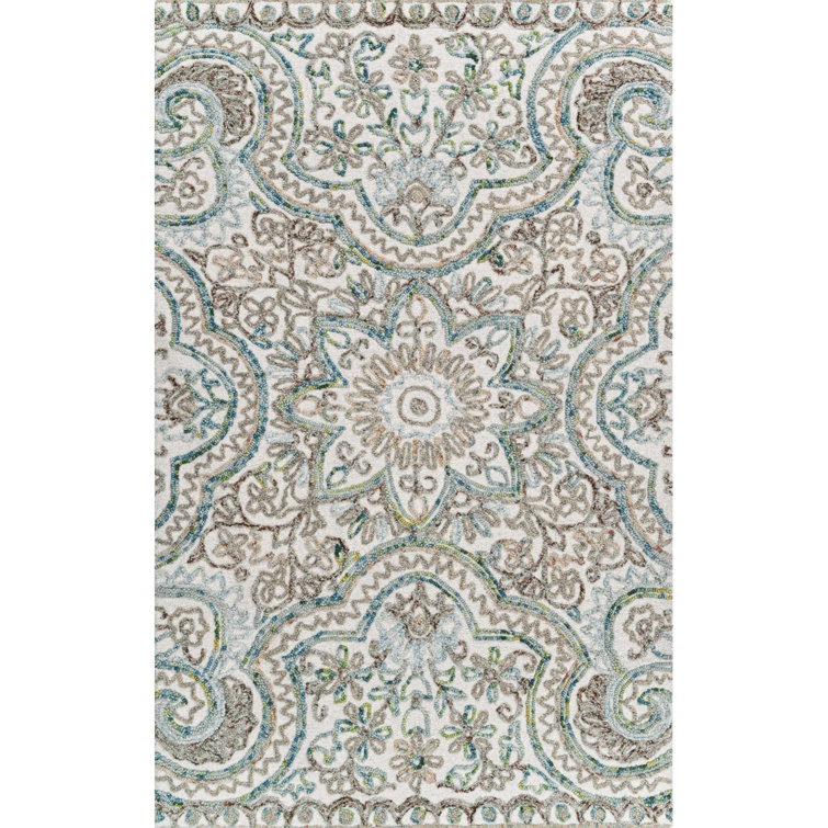 Agra Damask Handmade Tufted Wool Beige/Blue Area Rug
