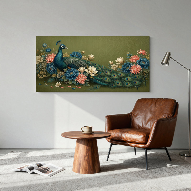Tableau mural sur toile représentant un paon avec des fleurs bleues et roses sur fond vert, L 32 po x H 16 po