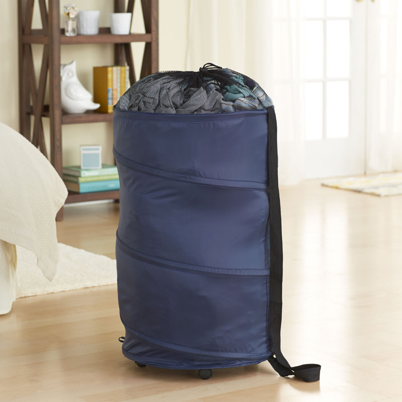 Blue Collapsible Upright Hamper with Wheels and Strap
