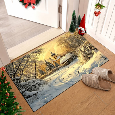 Tapis de porte antidérapant pour l'intérieur et l'extérieur, motif Noël d'hiver doré, 51 x 81 cm.