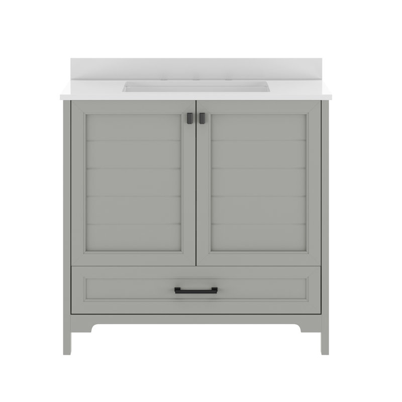 Meuble-lavabo de salle de bain avec lavabo encastré, armoire et tiroir, Gris, Noir mat