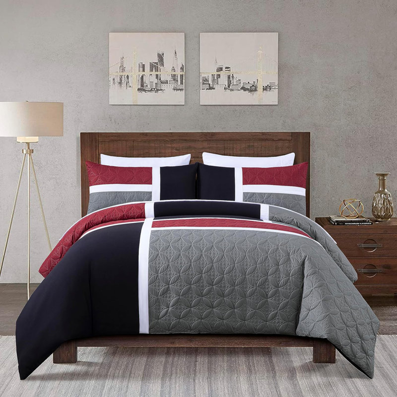 7-Piece Patchwork Bed in a Bag Comforter Set with Sheets, Queen Comforter + 6 Additional Pieces, Red/Black/Gray