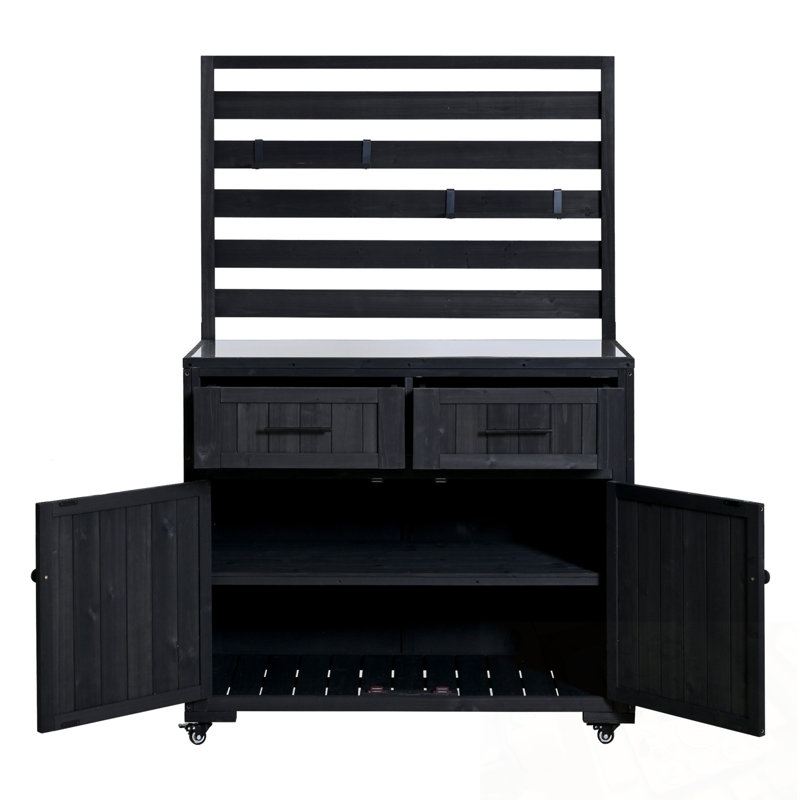 Îlot de cuisine pour patio avec plateau en acier inoxydable, 3 tablettes mobiles et 2 tiroirs, Noir