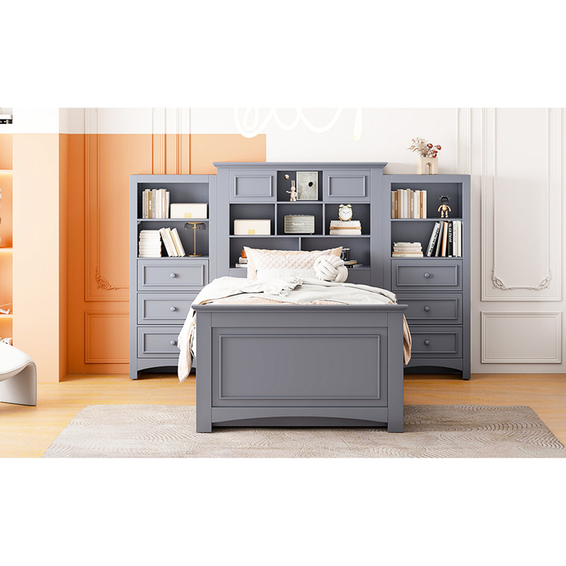 Lit simple gris en bois avec rangement vertical tout-en-un, 4 tiroirs coulissants de chaque côté et 12 compartiments à la tête de lit pour une chambre à coucher de taille organisée avec armoire, coulissante lisse