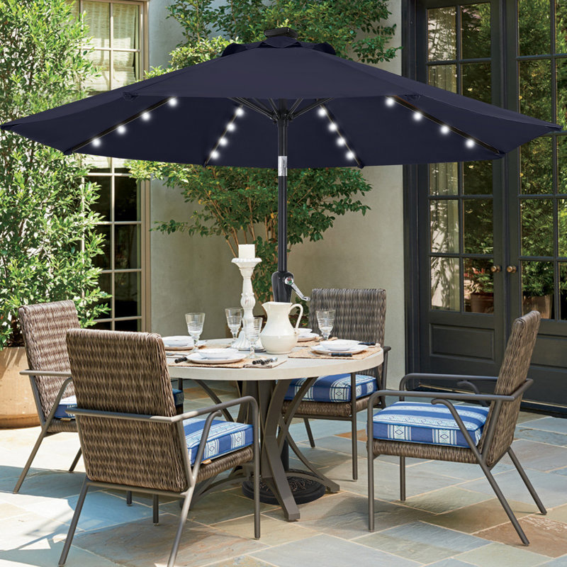 Parasol de marché solaire à DEL Cutshall avec inclinaison et relevage à manivelle, Marine, 9'