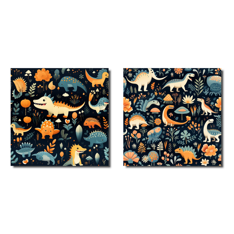 Dinosaurs Roar II - Dinosaur Metal Prints Square Set Of 2, 16" H x 32" W
