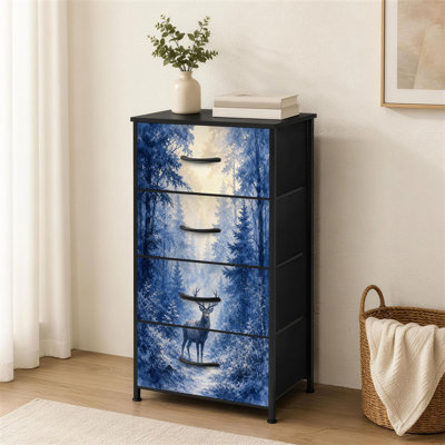 4-Drawer Dresser for Bedroom Majestic Deer Snow Covered Forest Winter Blue Tones Chinoiserie Small Tall Clothes Dresser for Closet Organizers with Che
