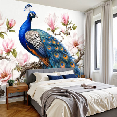 Papier peint à peler et coller Élégant paon bleu perché parmi des fleurs de magnolia roses H 100 po x l 144 po amovible en papier peint mural auto-adhésif pour bureau à domicile