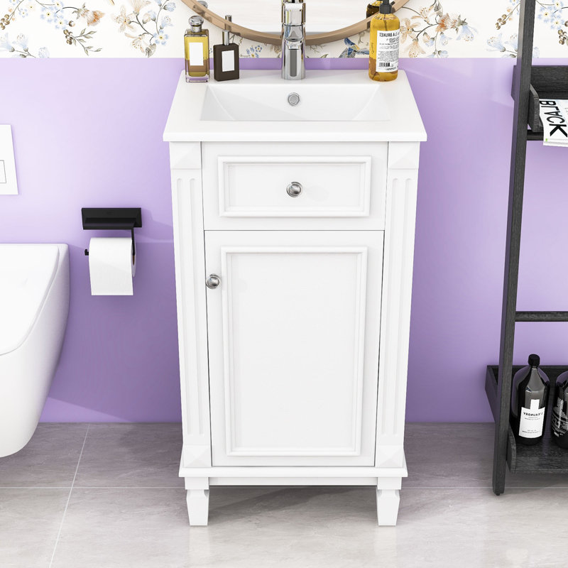 Meuble-lavabo autoportant avec lavabo en céramique, tablette réglable et porte à fermeture en douceur, Blanc