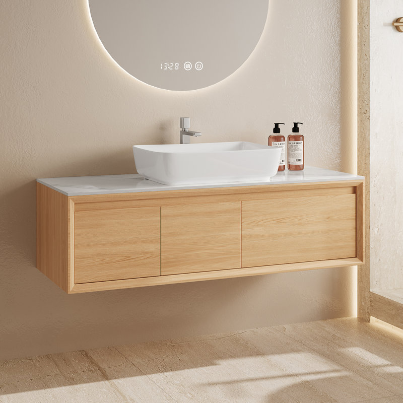 Meuble-lavabo simple 48 po avec comptoir en pierre blanche, meuble-lavabo flottant en bois massif multi-couches avec un tiroir et une armoire