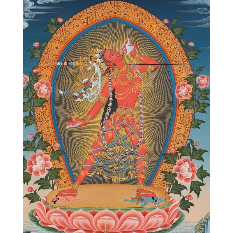 Saravabuddha Dakini-Vajrayogini dans des couleurs de style tibétain avec de l'or pur 24 carats (Thangka sans brocart)