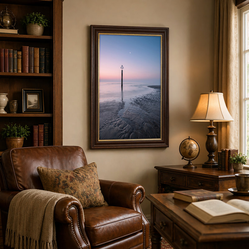 Art mural antique sur toile encadré doré pour le salon, la chambre à coucher, le bureau ou le vestibule - Décoration murale décorative avec coucher de soleil