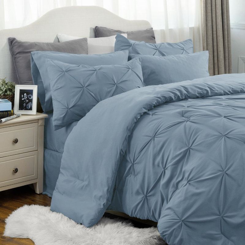 Bedsure Full Burgundy Pintuck Bed-in-a-Bag - Mineral Blue Pinch Pleat Comforter Set with Sheets, Pillowcases & Shams (Set of 7)