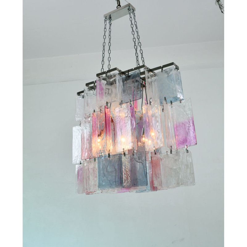 Lustre en cristal Amethyst Murano, Fumée, Laiton satiné, 55” Length x 22” Width x 36” OA Height