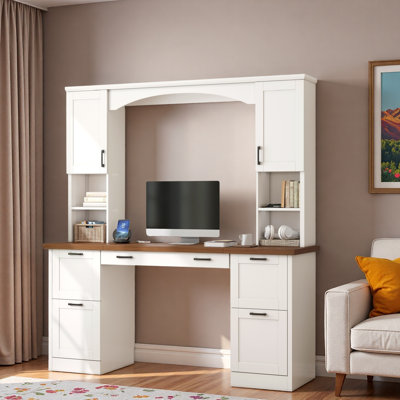 Bureau d'ordinateur Farmhouse Arched avec station de charge, plateau à clavier, tiroirs classeurs, armoires et tablettes ouvertes
