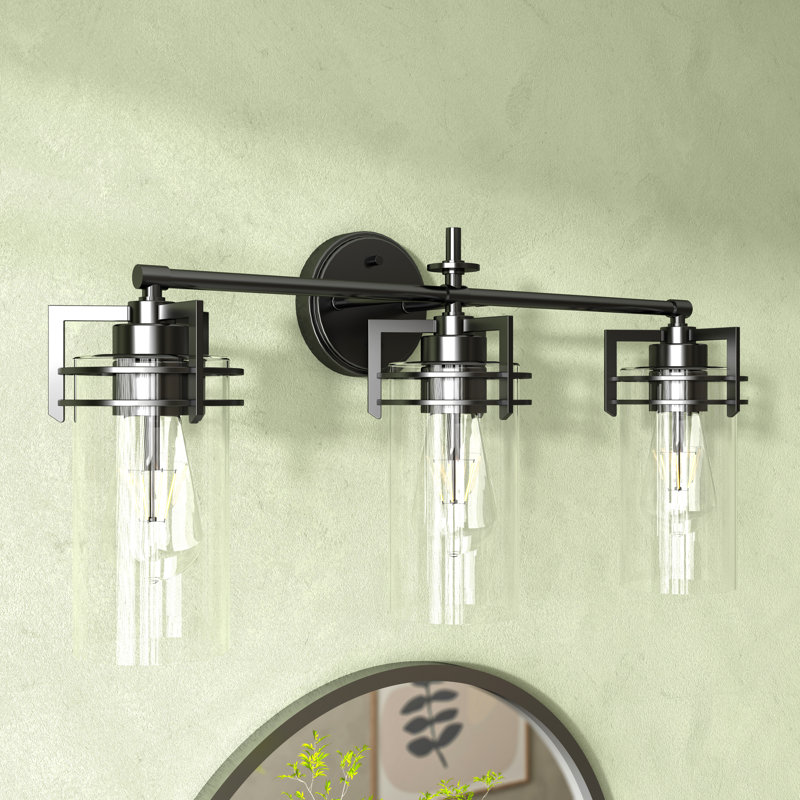 Plust 24 in. 3-Light Industrial Dimmable Vanity Light in Matte Black with Clear Glass Shade