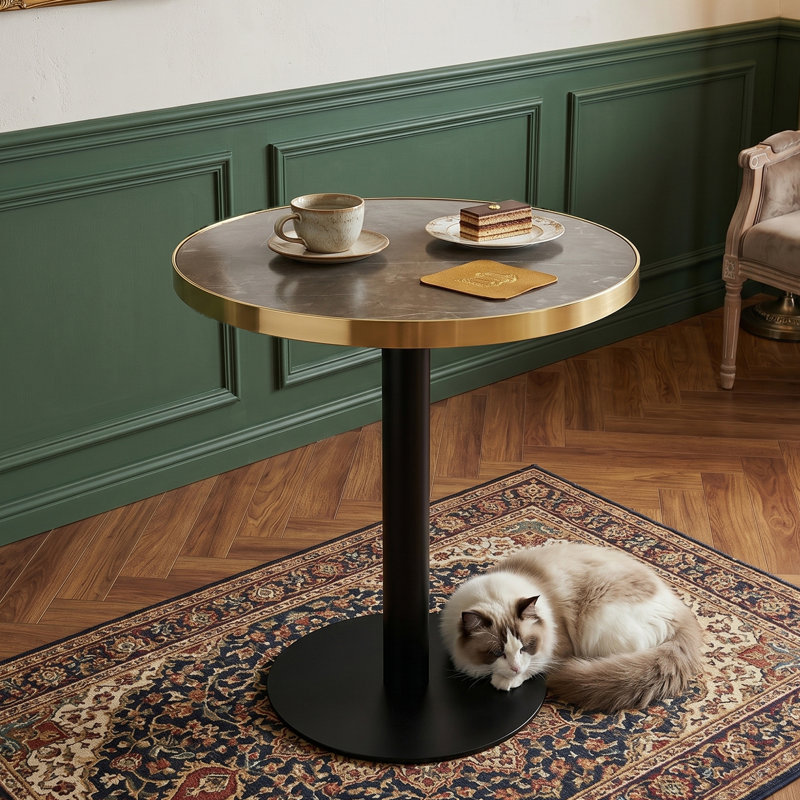 Petite table de salle à manger moderne, table de salle à manger ronde de 23,6 po avec bordure en acier inoxydable, base en métal robuste, table de cuisine peu encombrante pour appartement, coin repas et salle à manger