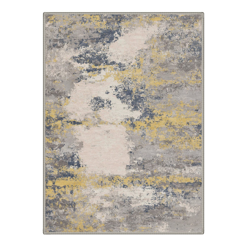 Tapis gris / jaune à motif abstrait lavable à la machine Atkins, Rectangle 5' x 7'
