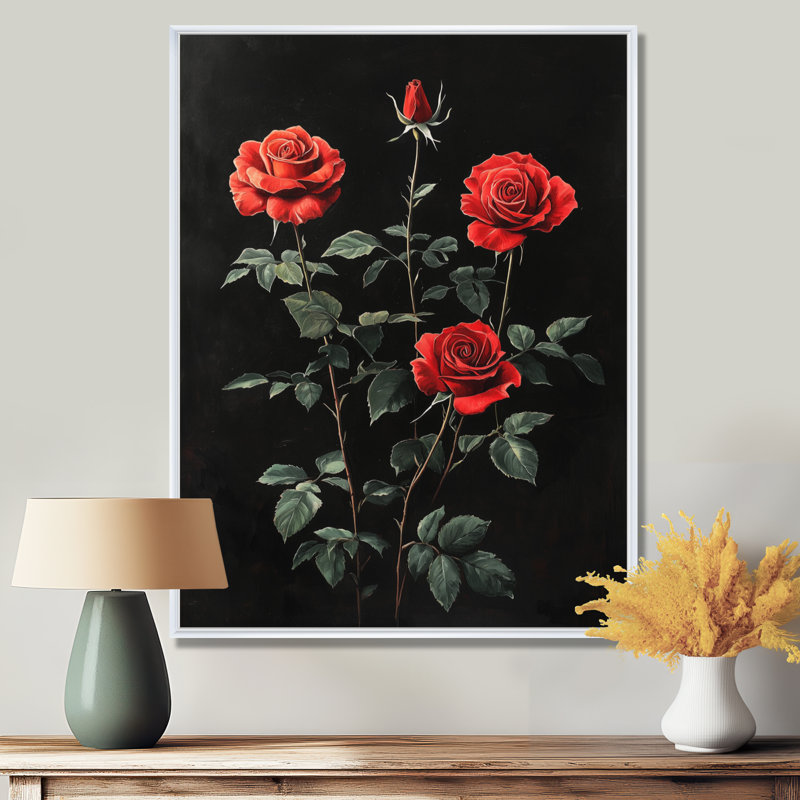 Luna Midnight Vivid Rose Flowers Elegance - Roses, art mural, H 32 po x l 16 po, Reproduction avec cadre flottant, Blanc