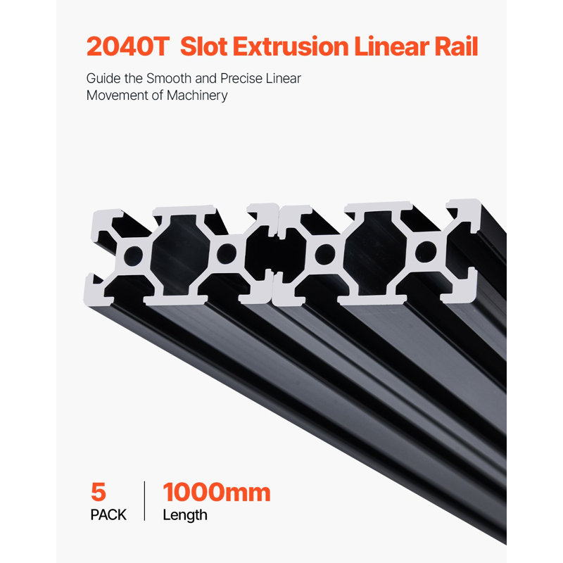 5 profilés d'extrusion en aluminium à rainure en T 39,4 po (1000 mm) 2040, rail linéaire standard anodisé européen, rail en aluminium extrudé à haute résistance pour imprimante 3D, bricolage à la machine à commande numérique, gravure laser, noir