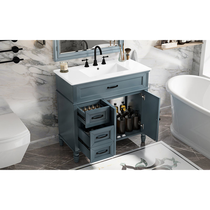 Meuble-lavabo de 36 pouces, armoire bleue, structure en bois, panneaux, lavabo en céramique lisse, tiroirs de rangement, finition imperméable pour porte, composants d'assemblage de quincaillerie, surmatelas peint