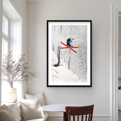 «Man Skiing in Steep Offpiste Terrain - Gray», reproduction encadrée