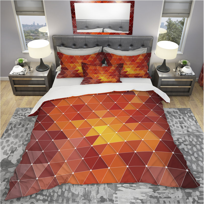 Queen Red and Orange Geometric Microfiber Duvet Cover Set