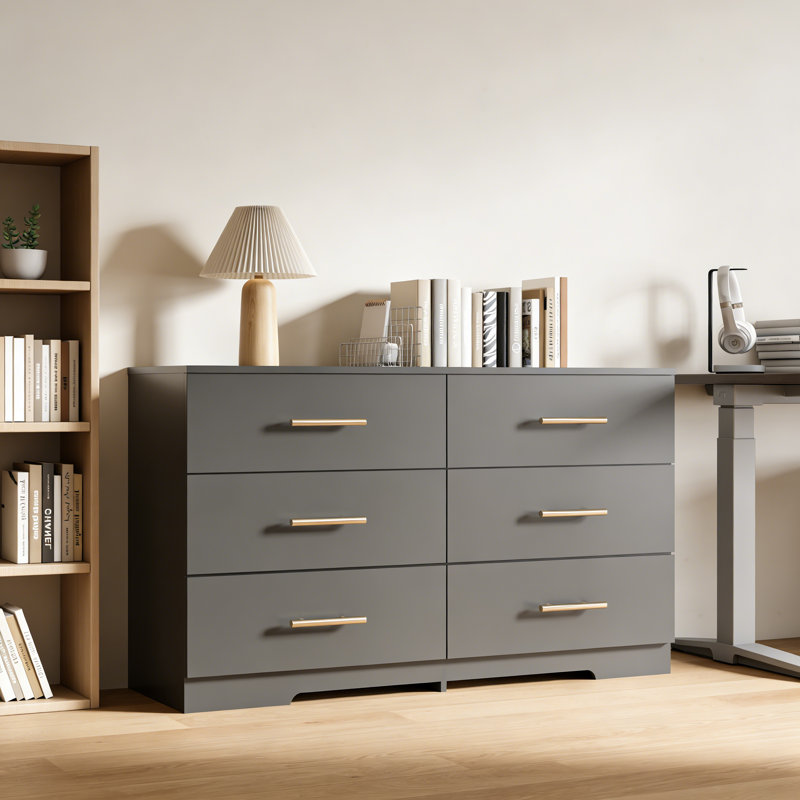 Commode 6 tiroirs avec poignée dorée, Noir