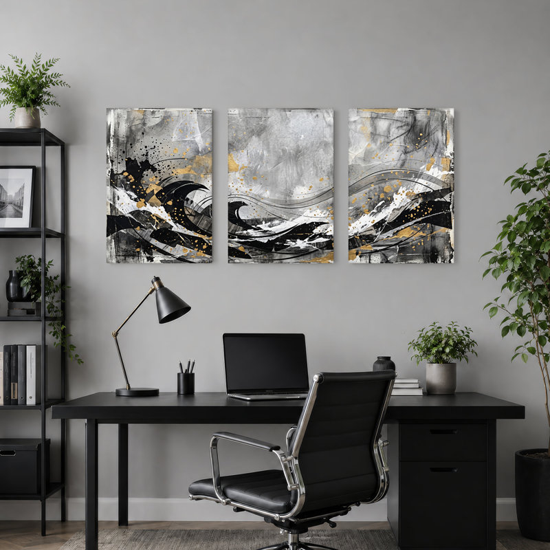 Ensemble de 3 toiles murales noires, blanches et dorées, H 36 po x l 24 po x 3 pièces