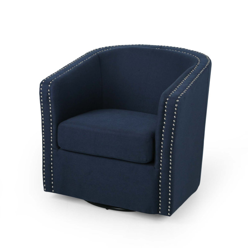 Aajaylah Upholstered Swivel Barrel Chair, Blue Fabric