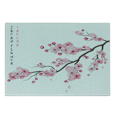 Ambesonne East Tempered Glass Cutting Board Japanese Cherry Branch Pink White