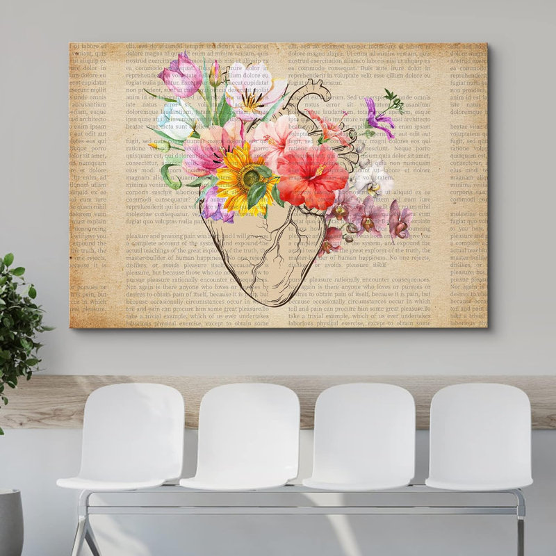 Papier peint rétro, fleurs pastel, cœur, art médical moderne, art floral, H 12 po x l 18 po
