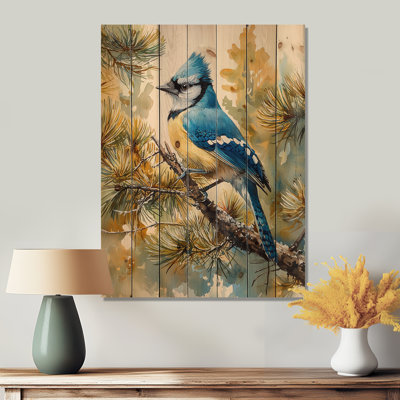 Geai bleu parmi les pins - Décoration murale en bois d'oiseau - sur bois de pin naturel