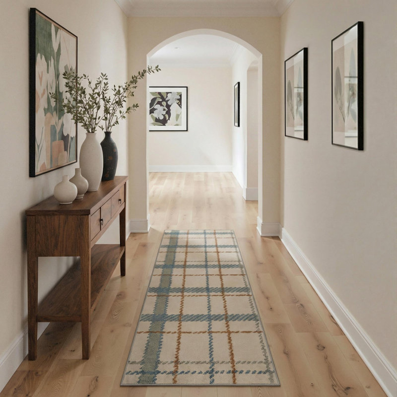 Modern Plaid Machine Washable Beige / Blue / Orange Indoor Area Rug with Non-Slip Backing, Runner 2' x 6'