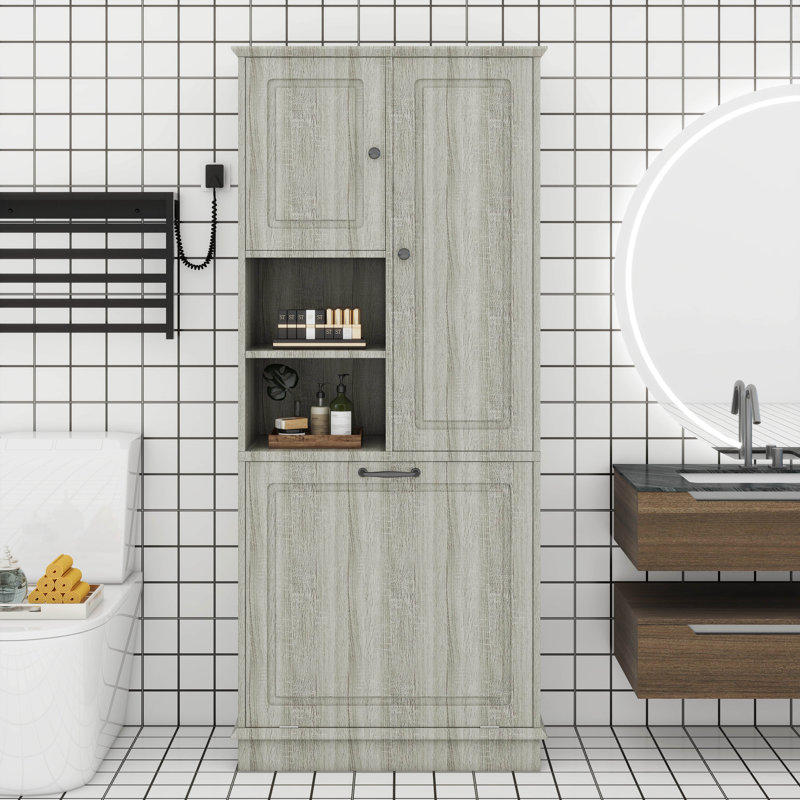 67.7" Tall Storage Cabinet With Flip-Out Basket, Adjustable Shelves & 2 Doors, Freestanding Floor Cabinet With Aluminum Alloy Handles