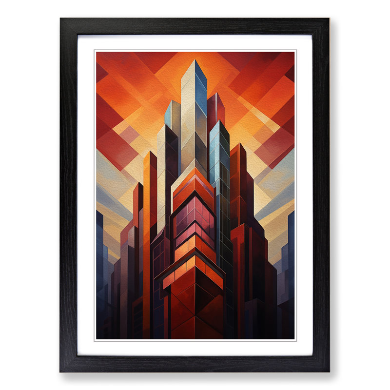 Skyscraper Geometric - Single Picture Frame Print on Wood, Black, 34cm H x 25cm W x 2cm D