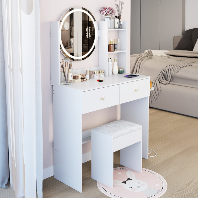 17" Round Led Mirror Vanity Table , Adjustable 3 - Color Brightness, Touch Switch, Built In 2 Ac + 1 Type C Sockets, Big Mirror, High Capacity Storage, American Design, White Arrangement Setup With
