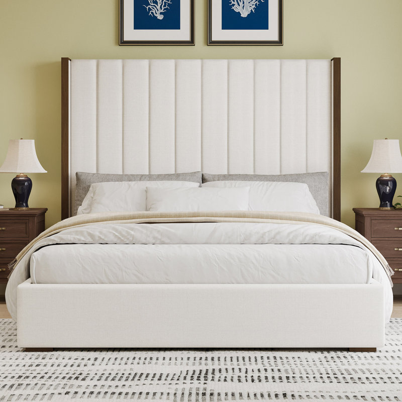 67.5" Tall Headboard Upholstered  Bed With Vertical Striped And Wingback Design, Box Spring Needed, Linen, King