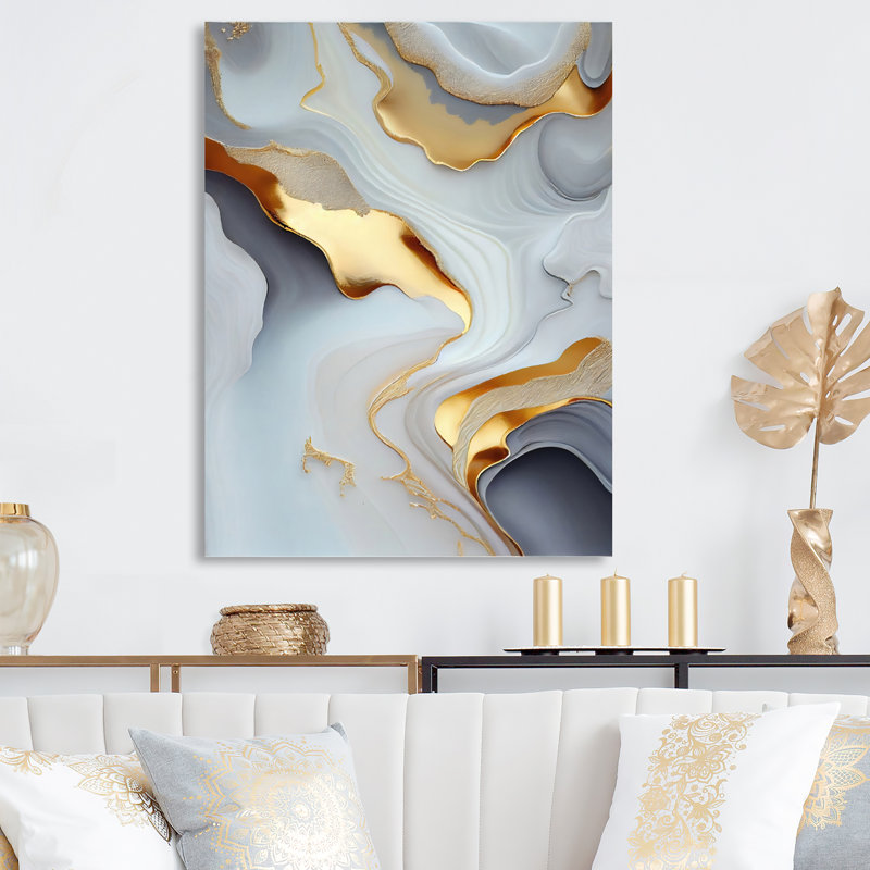 Marbre blanc et or abstrait IV - décoration murale moderne en métal, H 32 po x l 16 po