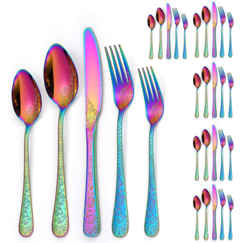 Ensemble de couverts 30 pièces en acier inoxydable doré à motif floral rétro pour un usage quotidien et un repas formel
