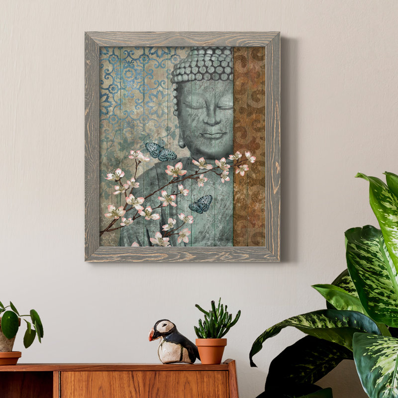 Bouddha - Peinture sur toile avec cadre flottant, H 20 po x l 17 po x P 1,5 po, Toile avec cadre gris