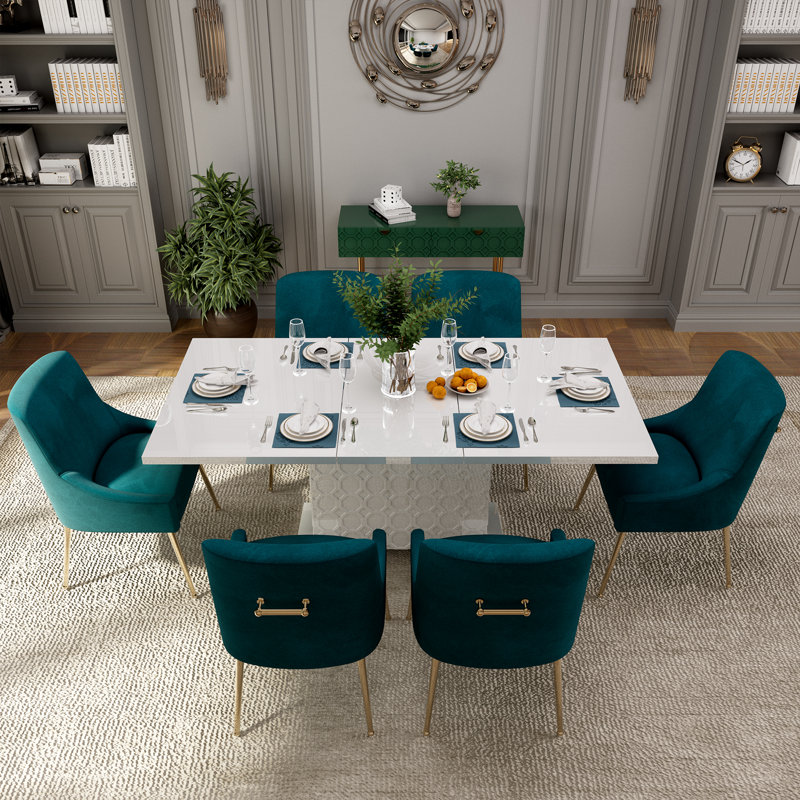 Magallanes 6-Person Extendable Table Dining Set with Velvet Dining Chair, White, Lake Green