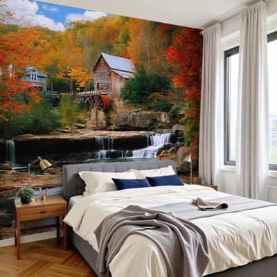 Papier peint auto-adhésif Glade Creek Grist flamboyant couleurs d'automne West Virginia Waterfall Wall Murals H 100 po x l 144 po Papier mural amovible en PVC auto-adhésif pour chambre à coucher, salon, bureau à domicile