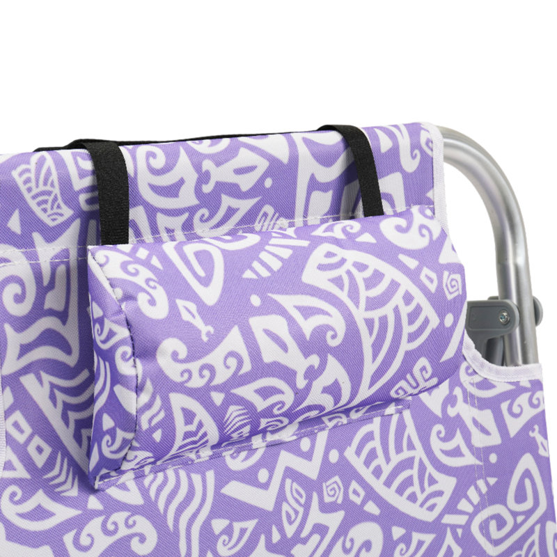 15"H Aluminum Reclining Folding Beach Chair 6-Positions With Cooler Bag And Cup Holder, Purple