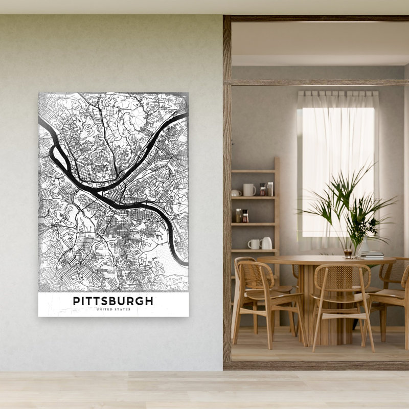 Pittsburgh City Map Abstract Contemporary Architecture City Wall Art Print 1 Piece Wrapped Canvas Wall Art